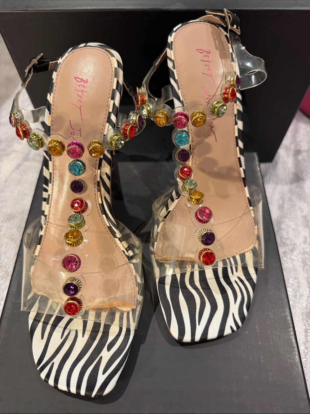 Betsey Johnson Zebra Print T-Strap Sandals with Multicolor Gem Accents